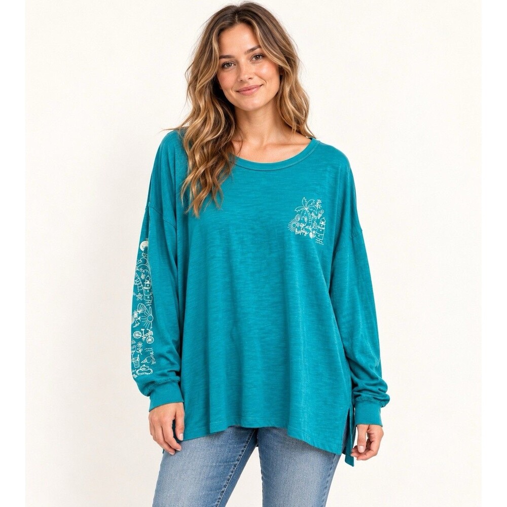 Natural Life Teal Blue 100% Cotton Oversized Long Sleeve Cotton Doodle Tee XL